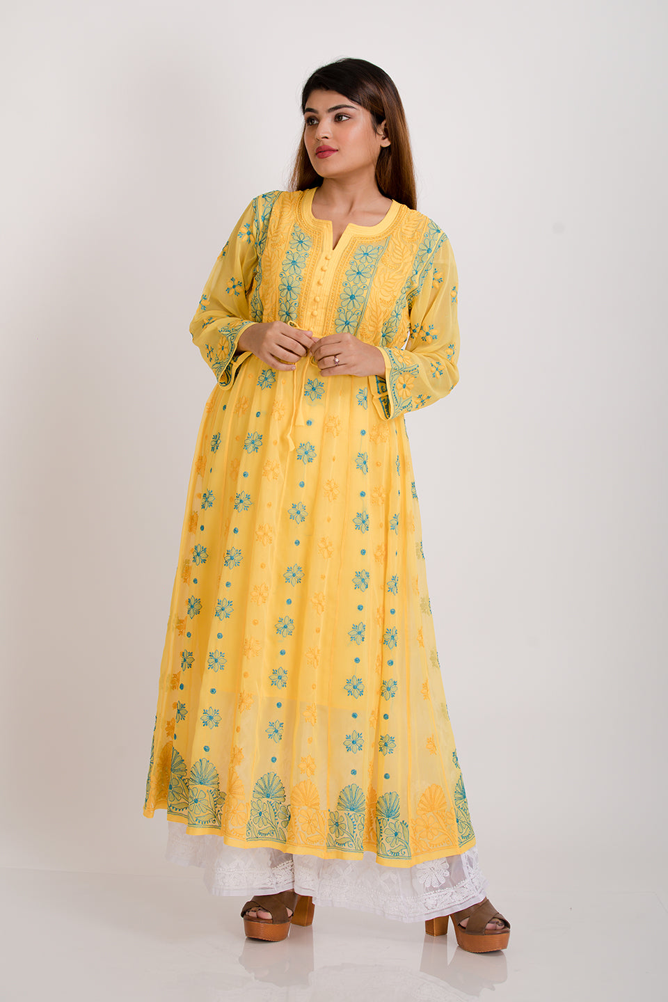 Yellow Georgette Chikankari Kurti - TheChikanLabel | Lucknow Chikankari  Kurtis & Suits